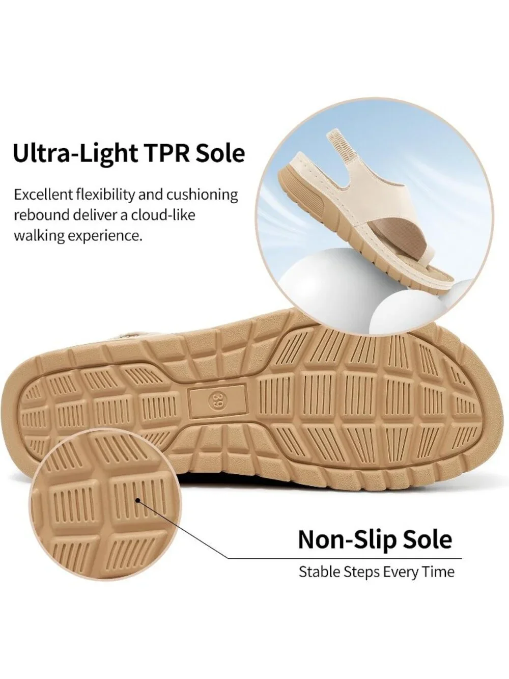Women's Beige Cushioned Soft PU Leather Lightweight Comfortable Wedge Sandal